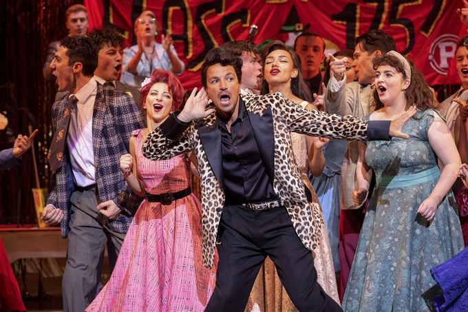 Peter Andre (centre) leads the cast in Hand Jive at the Rydell High School Hallowe'en Dance